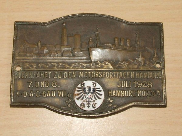 Plakette Sternfahrt zu den Motorsporttagen Hamburg, ADAC GAU VIIa 7-8. Juli 1928